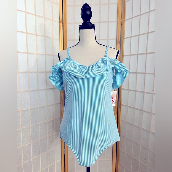 Land’s End Tummy Control Off Shoulder Ruffle One Piece Swimsuit, NWT, Sz 14 - Picture 1 of 12